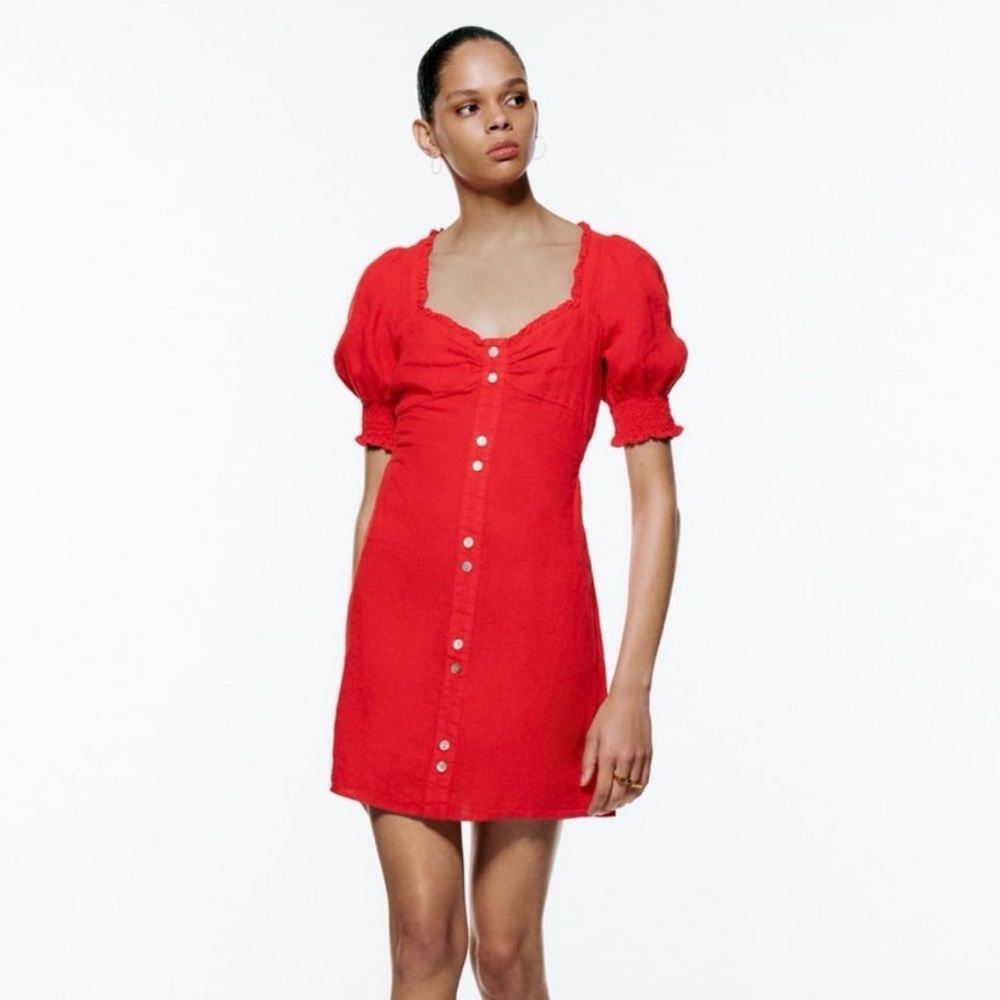 Zara Red Puff Sleeve Mini Dress 100% Linen Size XS New With Tag